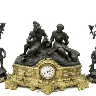 Antique Mantle Clock, Conquistador & Garniture Set, Metal, Gilt Brass, 1800s!!