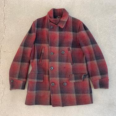 Vintage 1940s Red Shadow Plaid Montgomery Ward Wool Coat | Workwear Coat USA 