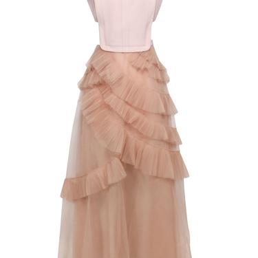 BCBG Max Azria - Blush Sleeveless Cutout "Avalon" Gown w/ Ruffled Tulle Skirt Sz 10