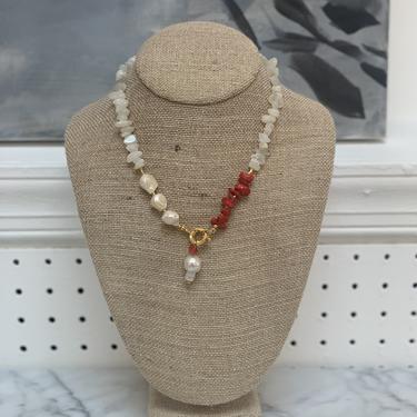 Moonstone, Coral &amp; Pearl Short Necklace