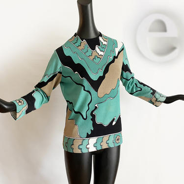 Vintage 60s MOD top | Groovy Pucci esqe print design Greens + Black | Long Sleeve Twiggy Tunic | Hippie Boho Mad Men Style | Large 41&amp;quot; Bust 