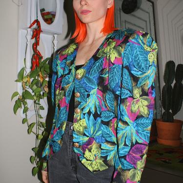 80s Floral Quilted Puff Shoulder Cropped Jacket 