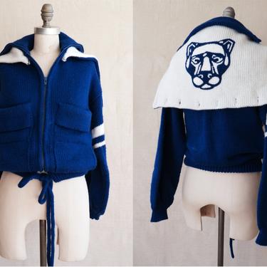 Vintage Panther Athletic Knit Sweater/ 1980s Blue and White Cropped Hooded Varsity Jacket/ Size Medium 