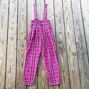 Vintage 80s 90s Hot Pink Yellow Black Blue White Plaid High Rise Punk Suspender Overalls Pants XS 
