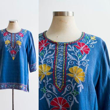 Vintage 1960s Gauzy Hippie Shirt / Vintage Boho Top / Hippie Top / Vintage Embroidered Tunic / Indian Shirt / 1960s Hippie Blouse Small 