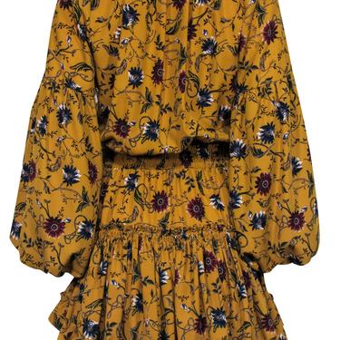 MISA Los Angeles - Mustard Yellow Floral Silky Floral Peasant Dress Sz XS