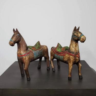 Pair of Antique Hand Carved Polychrome Painted Wood Folk Art Horse Sculptures, Possibly India 