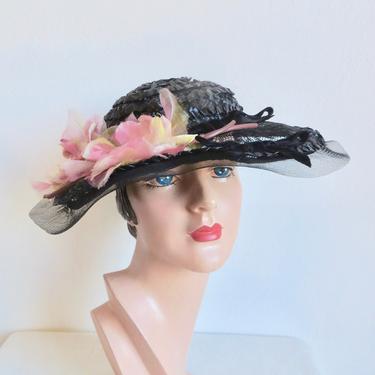 Vintage 1940's Black Raffia Straw and Horsehair Wide Brim Hat with Silk Roses Trim Rockabilly Spring summer Garden Party 40's Millinery 