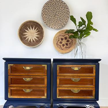 AVAILABLE - Set of Nightstands - navy blue and wood 