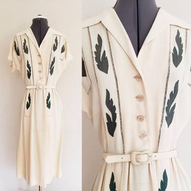 1940s Short Sleeved Day Dress Cream Rayon Crepe Green Leaf Embroidery / 40s Button Down Day Dress Belted / Bobi Sayre / Medium AS IS 