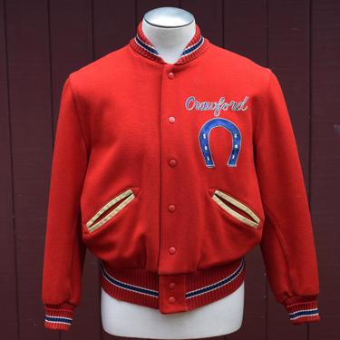 1950s Red Wool Roll Neck Collar Crawford High  Letterman / Varsity Jacket With Horseshoe Chainstitch 44 Whiting Los Angeles 