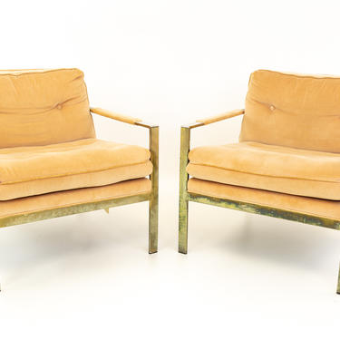 Milo Baughman Style Brass Flatbar Lounge Chairs