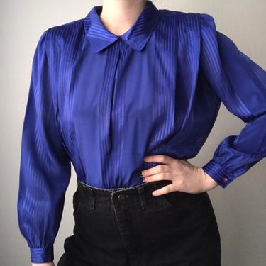 203) VINTAGE blue shiny striped pleated long sleeve blouse double collar 80s preppy formal women’s large or oversized medium 