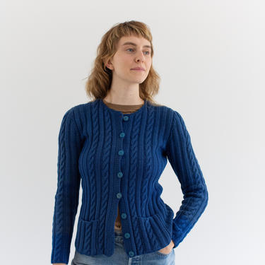 Vintage Blue Cableknit Cardigan Sweater | 50s Fisherman Jumper | XS S | 