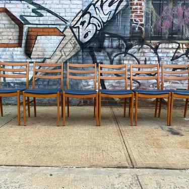 Set of 6 Midcentury Swedish danish Teak Dining side Chairs with blue vinyl 