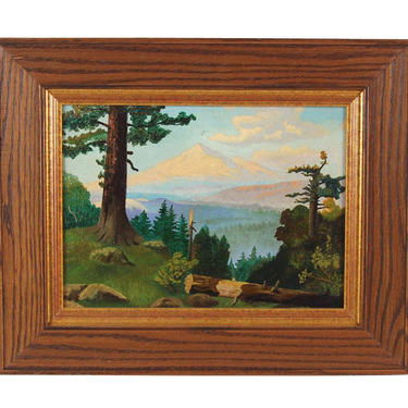 Vintage Oil Painting of Redwood Trees in Rolling Mountainous Landscape 