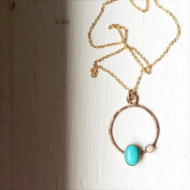 Morenci Turquoise and Opal Orbit Pendant in 14k Gold Filled Metal 