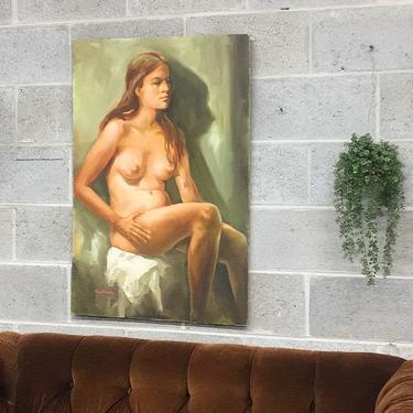 Vintage Nude Painting 1970s Retro Size  36x24 Bohemian + Womans Portrait + Naked + Acrylic + Canvas Board + Nudity + Home and Wall Decor 
