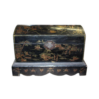 Distressed Black Lacquer Chinoiserie Golden Graphic Rectangular Chest Box cs5599E 