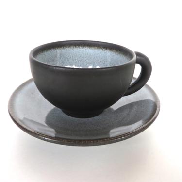 Jars Tourron Cup and Saucer Gris Ecorce From France, Modernist French Ceramics In Black and Grey Blue 
