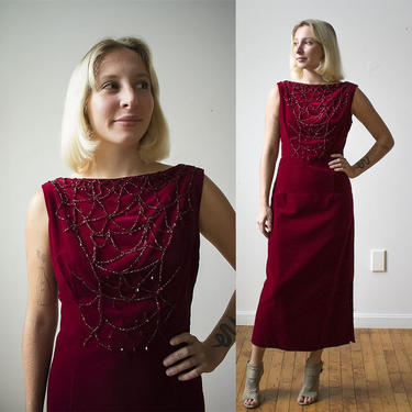 Red Evening Gown / Vintage Evening Gown / Beaded Gown / Long Velour Dress / Long Velvet Dress 