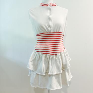 80s White and Red Striped Tiered Ruffle Tennis Dress | Medium 
