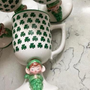 Set of 4 Vintage Shamrock 3 Green Clover Little Dixie Elf Footed Mugs, Antique Irish Elf Footed Mugs by LeChalet