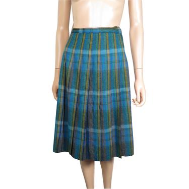 Vintage 60s Plaid School Girl Pleated High Waist Skirt Size 29 Waist 