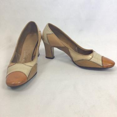 Vintage 60s shoes | Vintage brown patchwork heels | 1960s Miss Jennifer mod style pumps 