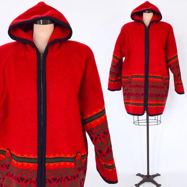 1980s Red Wool Car Coat  &amp; Hood | 80s Red Warm Heavy Coat | Woolrich | Large 