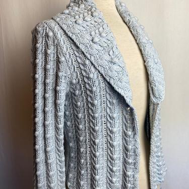 Baby blue nubby 100% cotton crocheted cardigan Shawl collar short cropped knotted balls cozy soft summer sweater beachy ~DKNY ~size L 