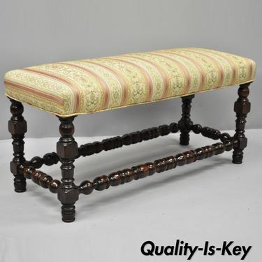 Antique 36" Jacobean Style Pink Upholstered Carved Walnut Spindle Window Bench