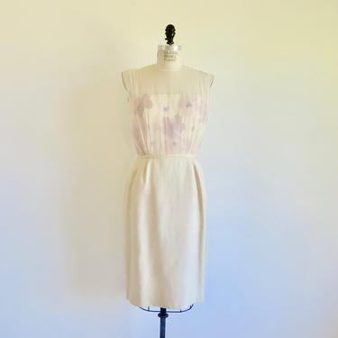 Vintage 1950's Ivory Creme Silk Wiggle Dress Flowers Chiffon Sleeveless Sheath Style Bridal Wedding Party 28&amp;quot; Waist Small Medium 