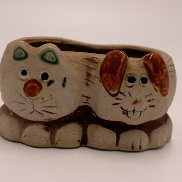 vintage kitty and rabbit pottery planter 