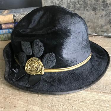 1930s French Black Velvet Hat, Moleskin, Floral Rosette Accent, Period Clothing 
