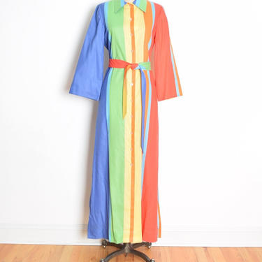 vintage 60s dress RAINBOW stripe print bell sleeve duster jacket long maxi L clothing hippie boho 