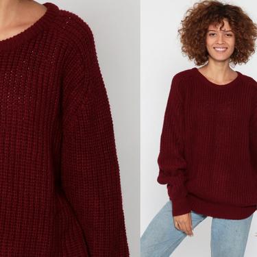 Dark Red Sweater Plain Raglan Sleeve GRUNGE Textured 80s Slouchy Knit Pullover Jumper 90s Vintage Normcore Oversize Medium Large 