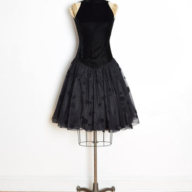 vintage 80s dress black velvet polka dot full puffy party prom dress XS clothing 