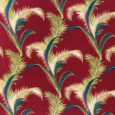 Vintage Mid Century Red Barkcloth with Tropical Palm Leaf Design 