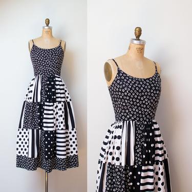 1990s Black &amp; White Mixed Print Sundress / 90s Polka Dot Striped Dress 