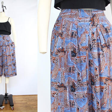Vintage 90's Blue High waisted Culottes / 1990's Wide Leg Rayon Culottes with Pockets / Summer Pants / Women's Size Large by Ru