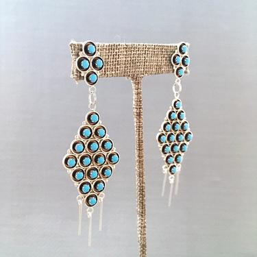 SLEEPING BEAUTY Turquoise &amp; Silver Earrings | Zuni Native American Style Petit Point Sterling Chandelier Earrings | Southwestern, Boho, Folk 