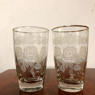 Vintage Pair of Libbey Glass Etched Flowers and Gold Trim Juice Glasses 