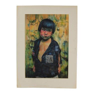 1962 Original Pastel Painting Portrait Asian Boy in Tattered Shirt sgnd Hove 