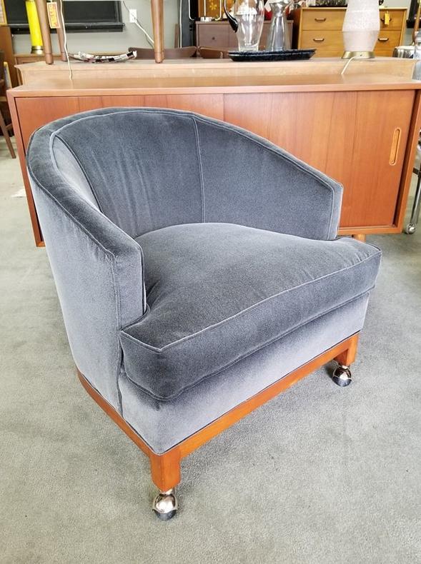 Mid-Century Modern barrel chair with new grey upholstery