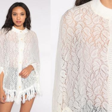 Sheer White Poncho Knit Shawl 70s Hippie Open Weave Sweater Fringe Boho Cape 1970s Bohemian Vintage 60s Button Up Extra Small Medium xs 