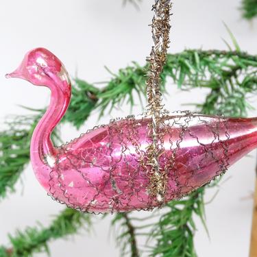 Antique Victorian Pink Wire Wrapped Mercury Glass Swan Christmas Ornament with Spun Glass Tail, Vintage Hand Blown Bird 