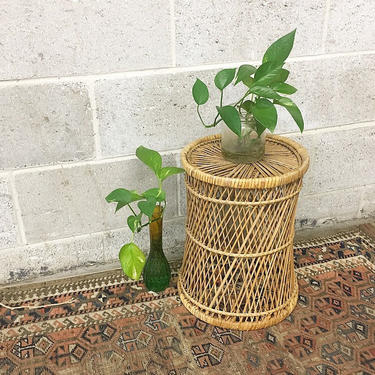 Vintage Woven Plant Stand Retro 1970s Bohemian Tan Straw Basket or Side Table Cylinder Shaped + See Through with Storage 