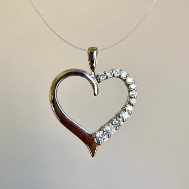 Vintage 14K White Gold Diamond Heart Pendant, Mothers Day Anniversary Gift 