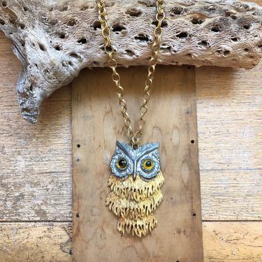 Vintage Owl Necklace- Articulated Owl Pendant- Thick Gold Chain- 70s Jewelry- Hippie Clothes- Silver and Gold- 1970s Costume Jewelry 
